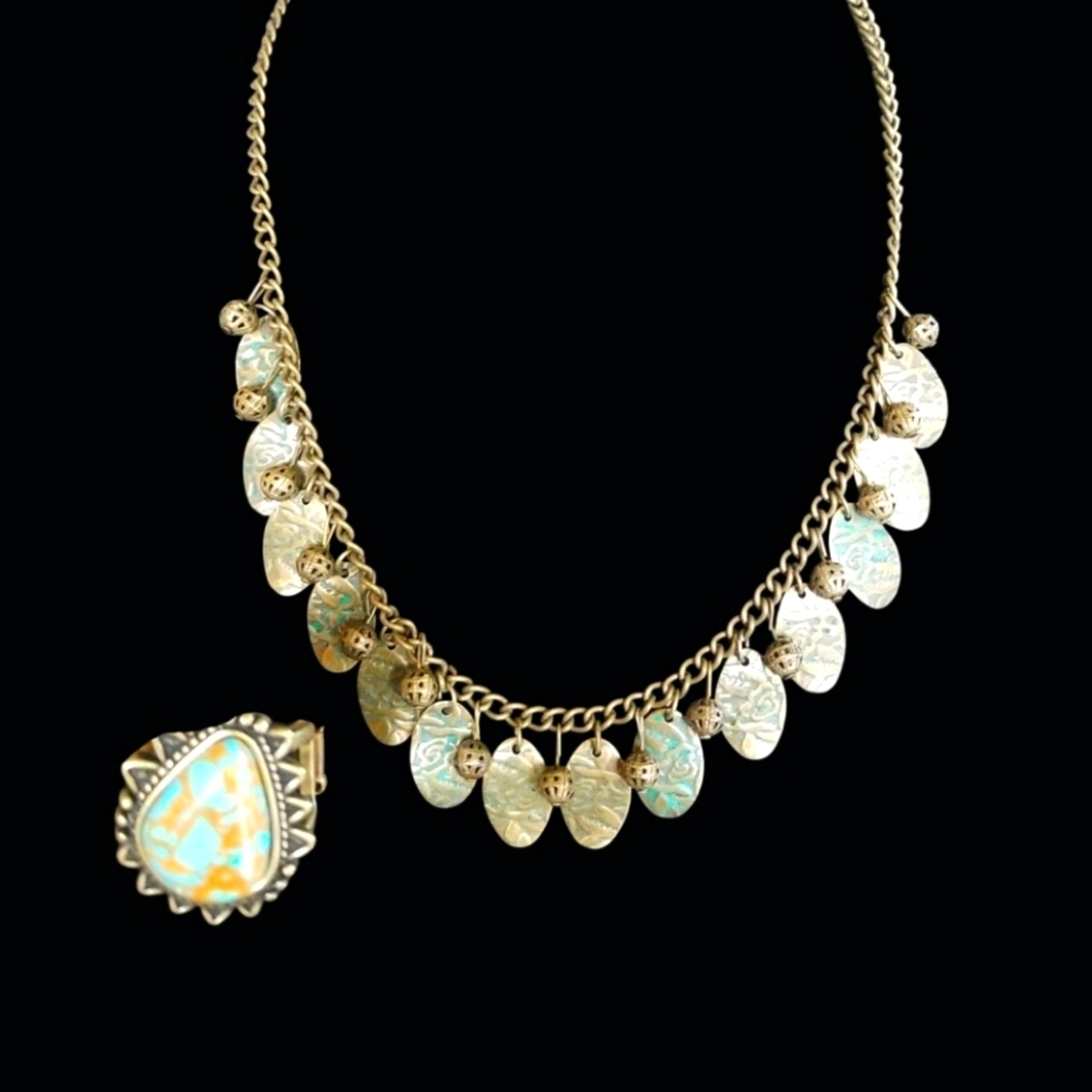 NWT Set Brass Necklace with Earrings & Stretchable Ring with Turquoise